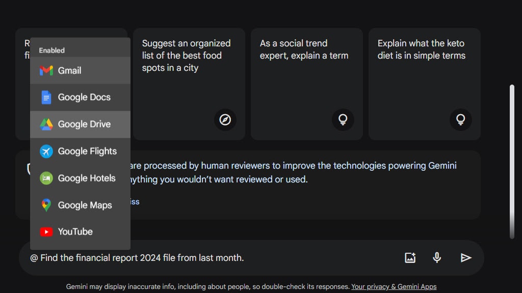 Google Drive Enabled in Google Gemini