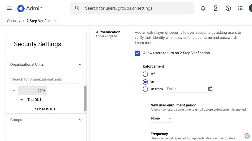 Google Admin Console Security Settings