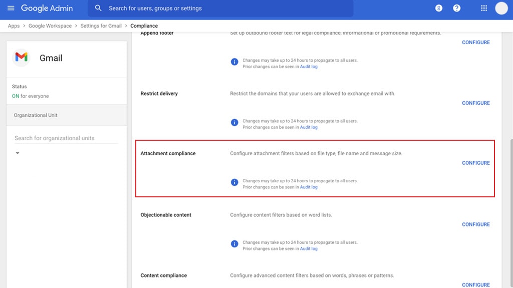 Google Workspace Attachment Compliance Setting