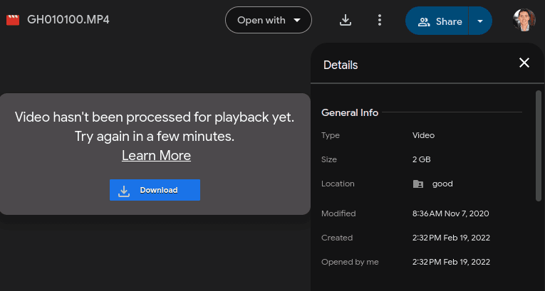 Missing thumbnail, duration, auto-play when unprocessed video in Google Drive.