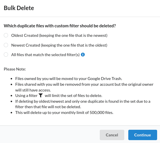 Remove duplicate files in Google Drive using the bulk delete tool
