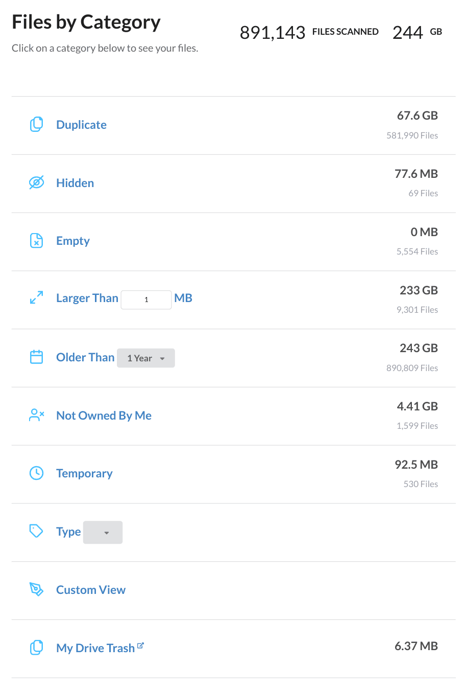 Delete Google Drive Files in any of the categories from the scan