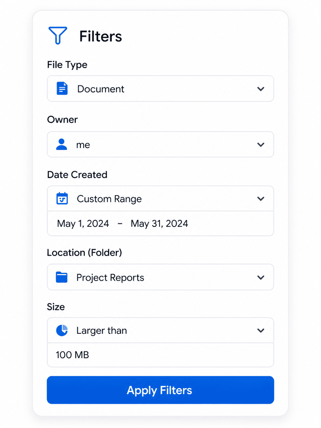 Filters to use for creating a google drive file list